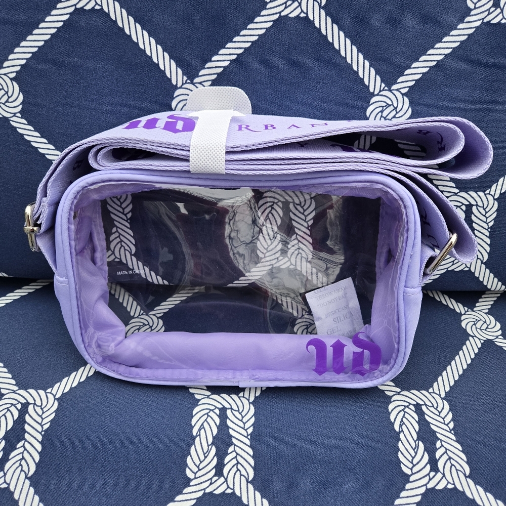 NEW! Urban Decay Clear Crossbody Cosmetics Bag Adjustable Purple Strap Zip Top